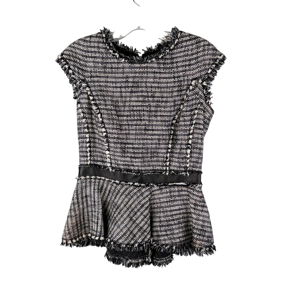 Rebecca Taylor Tweed Peplum Top Black White Leather Trim Size 4 Raw Hem